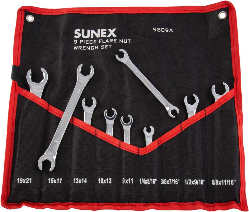 SUNEX Tools 9809A 9-Piece Flare Nut Wrench Set with Roll-Case, SAE & Metric Sizes - Image 1